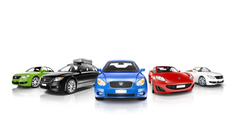 Various models of cars are displayed in a semi-circle.